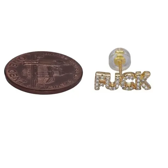 -16 K Gold  “Fu#K “ Script Micro Paved CZ Stud NWT - Picture 2 of 4